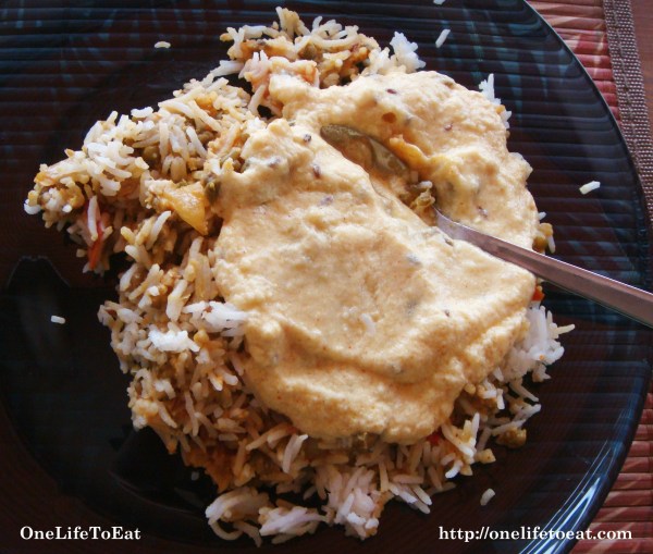 Kadhi ladled over Green gram Pilaf